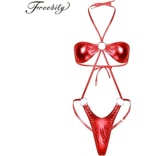 Women Sexy One-piece Swimwear Lingerie Shiny Metallic Halter Neck Backless Slingshot Mini Trikini Thong Teddy Bodysuit Nightwear