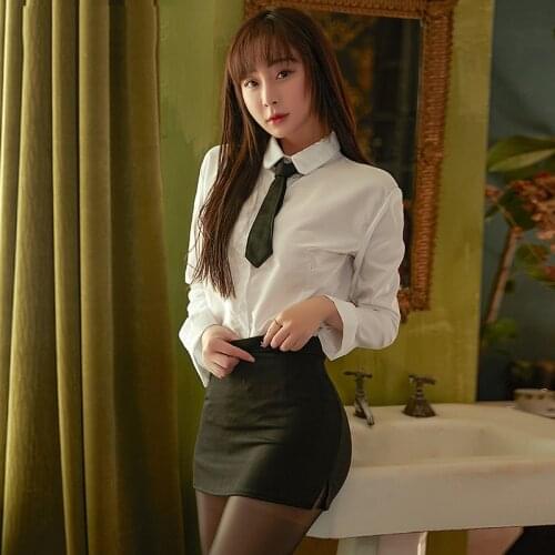Womens Erotic Lingerie Sexy Teacher Secretary Cosplay Costume See-through Long-sleeved Shirt Bag Hip Skirt Suit Kawaii Pajamas