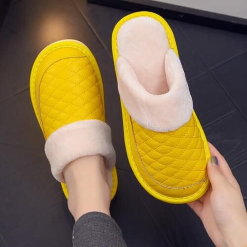 Winter Women Indoor Furry Slippers Genuine Leather Diamond Lattice Home Shoes Plush Flats Ladies Warm House Bedroom Shoes Men