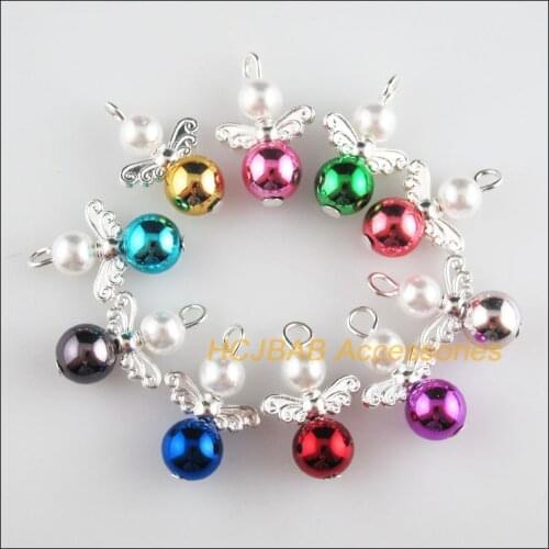 20 New Angel Charms Silver Plated Mixed Acrylic Ball Pendants 14x22mm