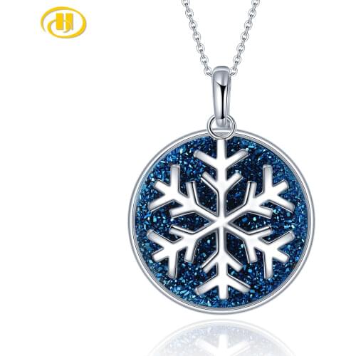 Hutang Natual Blue Druzy Agate Silver Pendant Snow Flower Design Shiny Luster Jewelry for Women Casual Fashion Design Women Gift