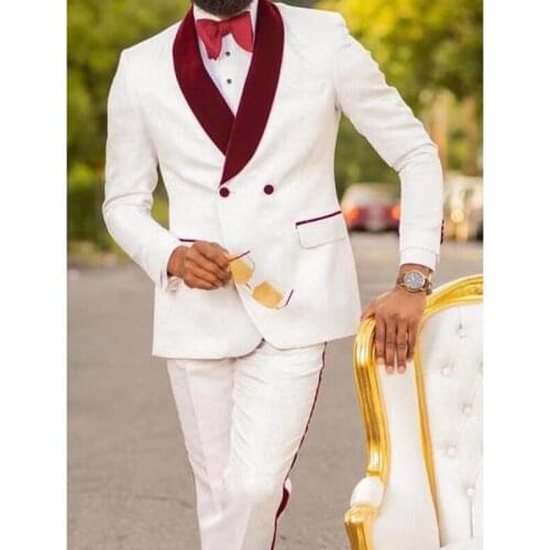 White Floral Jacquard Wedding Suits for Mens Double Breasted Slim Fit Groom Tuxedo Custom Male Fashion Costume Blazer with Pants