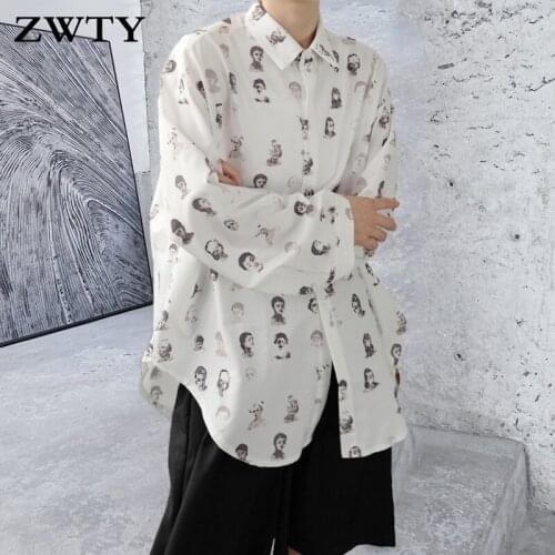 ZWTY Print Loose Blouse Men Turn Down Collar Fashion Casual All Match 2021 Autumn Long Sleeve Simple Shirt Goddess