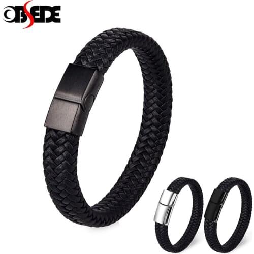 Charm Black Leather Bracelet Men Trendy Stainless Steel Magnetic Clasp Bangle Punk Hiphop Male Jewelry Wrist Gift 18.5/20.5/22cm