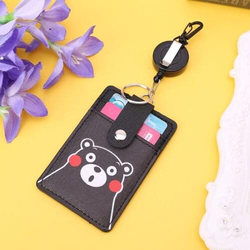 Cartoon PU Leather Business ID Credit Card Case Badge Holder Anti-lost Retractable Keychain