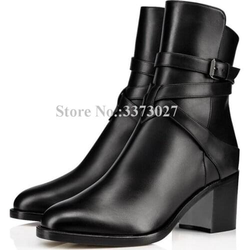 Black Leather Chunky Heel Women Ankle Boots Fashion Buckle Strap Large Size Short Boots Lady New Suede Banquet Shoes Dropship