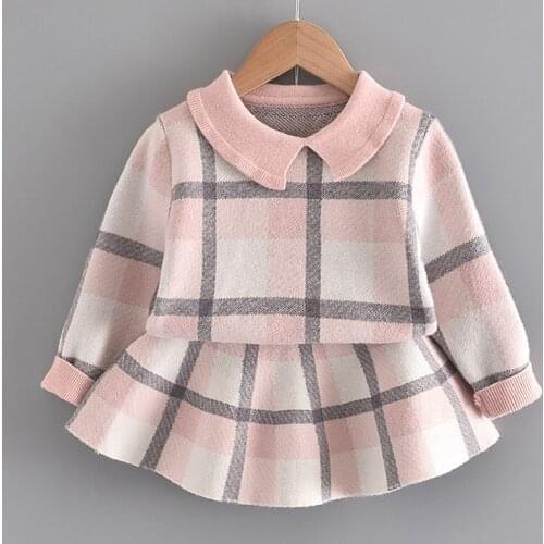 27KIDS Girls Autumn Princess Knitted Lattice Skirt Dress For Kids Clothes Children Clothing Party Style Casual Dresses Sets