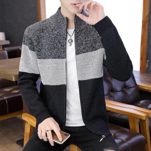 Hong Kong fashion mens knit sweater cardigan zipper sweater plus velvet thick autumn and winter sweater jacket student fashion
