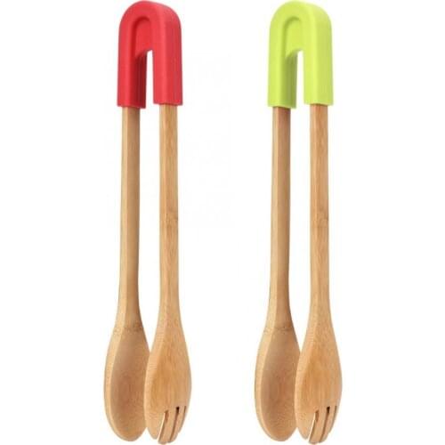Eco-friendly Kitchen Cooking Tong Bamboo Food Tong BBQ Clip Clamp with Silicone for Bread Kitchen Tools