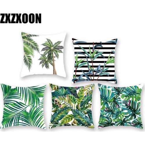 Diy Custom 100% Polyester Pillow Case Tropical Green Leaves Flower Printed Cushion Cover Cojines Decorativos Para Sofa 45x45cm