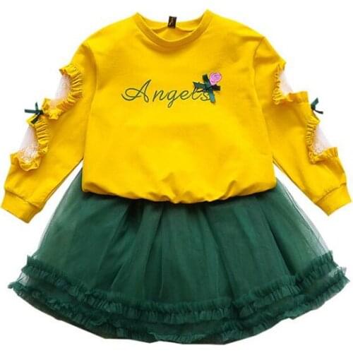 Childrens clothing sets cotton T-shirt+ skirts spring autumn girls fashion sets princess 2 pcs suit casual tops skirt 5-12year