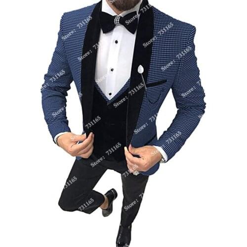 Handsome Mens Houndstooth Patterned Tailor-Made Suits Slim Fit Black Shawl Lapel Groom Wear Wedding 3 Pieces Blazers Tuxedos