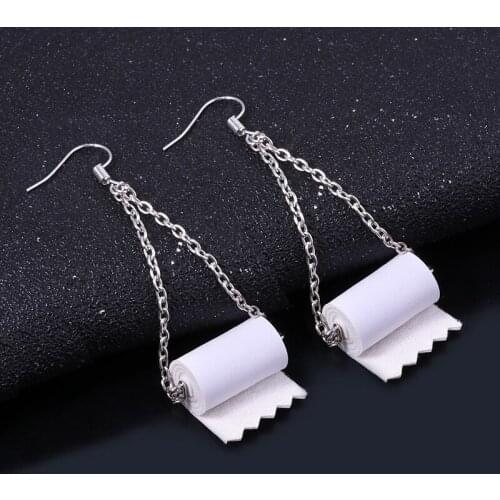 Creative Funny Toilet Paper Earrings Fashion Statement Towel Paper Roll Hook White Drop Earrings For Women Girl Jewelry Gift