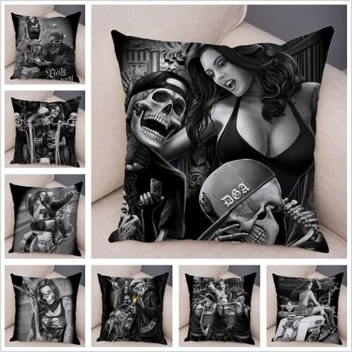 Motorcycle Skull and Sexy Girl Cushion Cover for Sofa Home Decor Cartoon Day of the Pillow Case Soft Plush Pillowcase