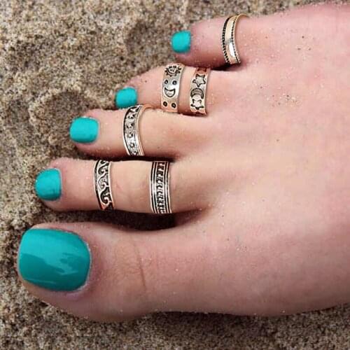 7Pcs Bohemian Summer Beach Vacation Knuckle Foot Rings Set for Women Girls Silver Color Moon Opening Ring Jewelry Wholesale