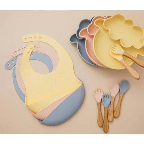 Baby Feeding Tableware Set 5Pcs Cartoon Sheep Lion Silicone Plate Spoon Cups Bib Food Grade Silicone Kids Waterproof Tableware