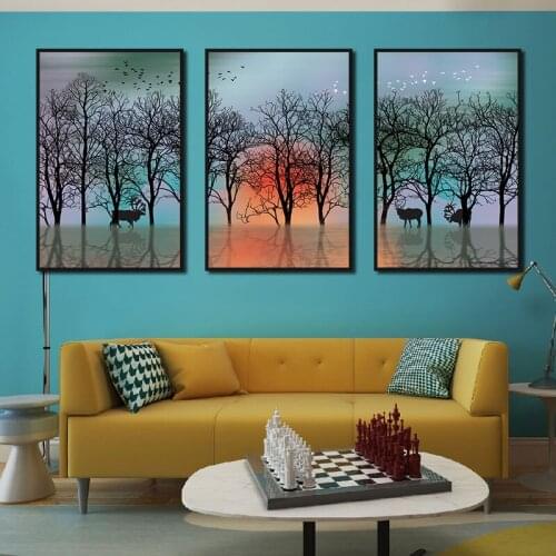 Wall Art Abstract Landscape Paintings Black Trunk Birds Nordic Canvas Posters Prints for Living Room Bedroom Corridor Decoration