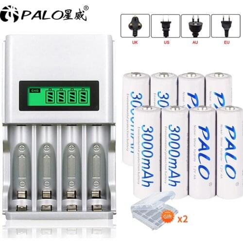 PALO 8pcs 3000mAh ni-mh rechargeable AA 2a battery + 4 slots LCD smart battery charger for AA / AAA Ni-MH / Ni-dc batteries