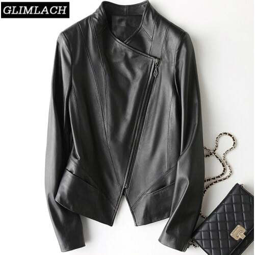 2020 Office Lady 100% Sheep Leather Jacket High Quality Black Slim Short Genuine Leather Motorcycle Coat Women Casual Streetwear