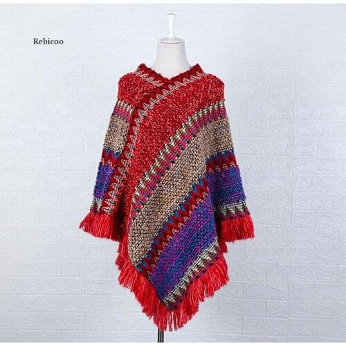 Autumn winter bohemia multicolor stripe knitted poncho coat cape women boho warm soft fabric tassel bat ponchos and capes