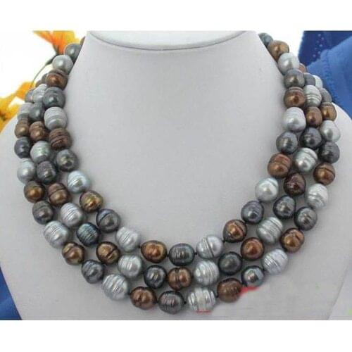 Freshwater Pearl Necklace,3 Rows 10-14mm Multicolor Rice Cultured Pearl Jewellery,Huge Shell Flower Clasp,New Free Shipping