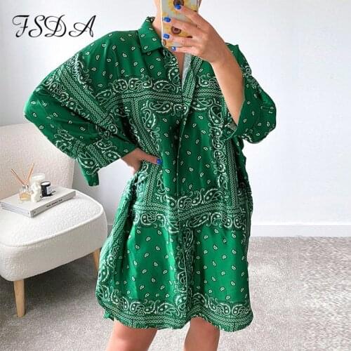 FSDA 2021 Long Sleeve Shirt Dress Print Women Blue Oversized Autumn Beach Y2K Sexy Loose Vintage Fashion Mini 90s Casual Dresses