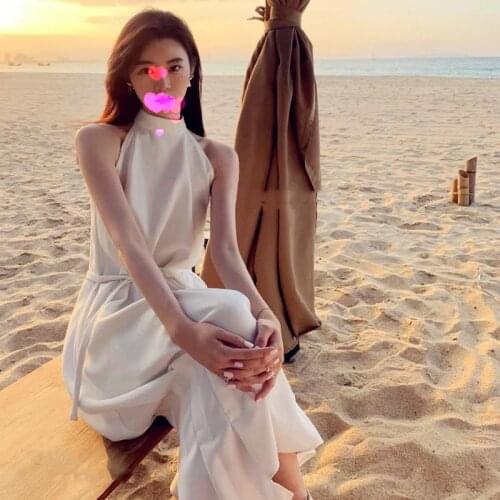 Womens Summer Dress Elegent French White Sleeveless Midi Sleeveless Streetwear Beach Robe Vestido Vintage Solid Party