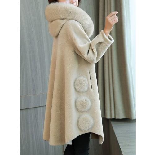 Gilded grain sheep shearing FUR WOOL COAT womens middle long 2021 new winter fur Hooded Coat