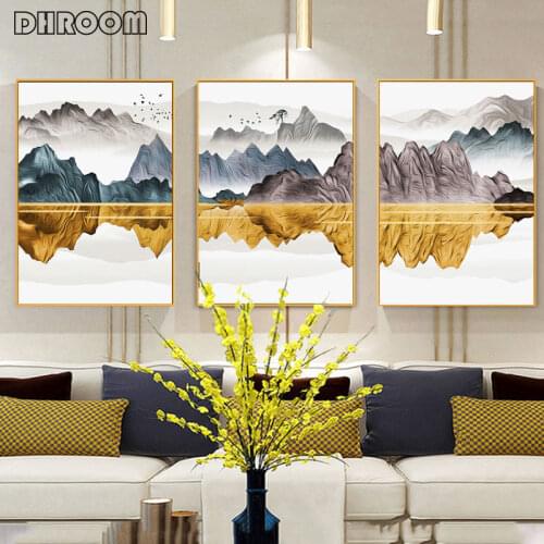 Modern Minimalist Wall Art Golden Mountain Canvas Art Painting Ink Landscape Posters Flying Bird Print Painting Home Decor