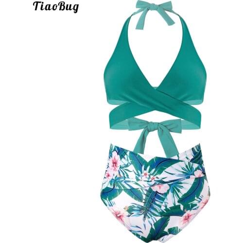 TiaoBug Summer Women Floral Print 2Pcs Swimwear Push-Up Halter Bandage Top Ruched Bikini Bottom Beach Sets Bathing Suit