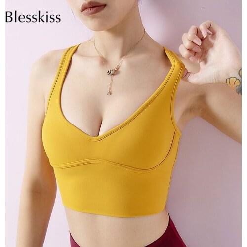BLESSKISS Naked-feel Fabric Training Yoga Fitness Bras Crop Tops Women Push Up Shockproof Running Biker Sports Bras