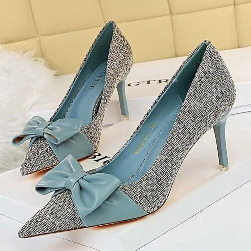 2021 Summer Luxury Women 7.5cm High Heels Pumps Sweet Ladies Butterfly Knot Pointed Toe Blue Low Heels Scarpins Prom Party Shoes
