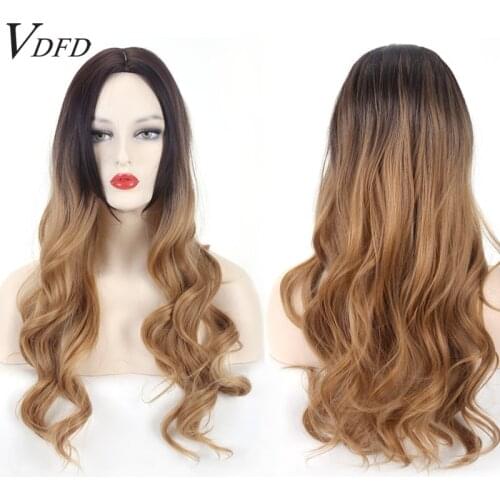 VDFD Black Ombre Light Brown Synthetic Wig Long Wavy Hair for Women Daily Curly Middle Part Heat Resistant