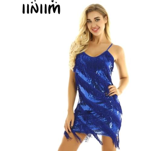 Adult Women Adjustable Spaghetti Straps Sparkling Sequins Fringe Tassel Dance Party Dress Gowns Rhythm Ballroom Samba Rumba Tang