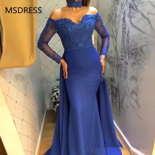 Royal Blue Chiffon Sweetheart Mermaid Evening Dresses 2019 Long Sleeves Lace Islamic Dubai Saudi Arabic Long Formal Evening Gown