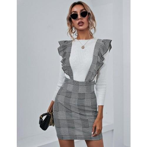 Houndstooth Ruffles Braces Skirt Summer Women High Waist Slim Plaid Suspender Skirt 2021 Fashion All-Match Bodycon Streetwear