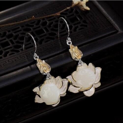 SNew silver new original inlaid natural Hetian jade lotus temperament niche design light luxury senior sense womens earrings