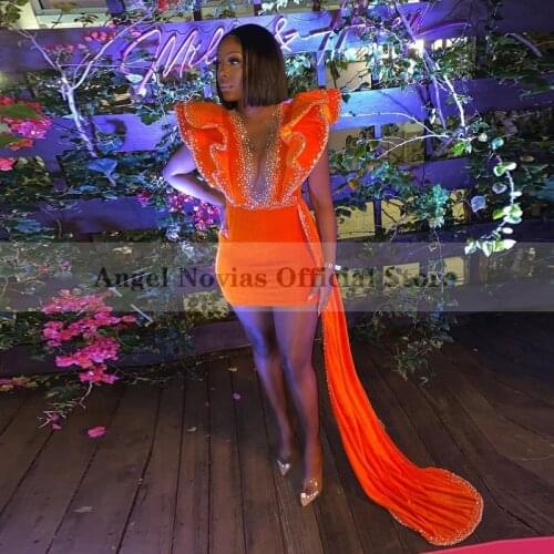ANGEL NOVIAS Sexy Orange Velvet Prom Dresses for Black Girls Crystals Cocktail Party Graduation Dress