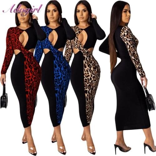 Casual Leopard Print Patchwork Long Sleeve Bodycon Long Dress Women Sexy Hollow Out Evening Party Dresses Streetwear Vestidos
