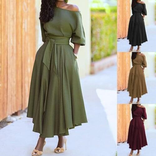 Diagonal Collar Bandage Collect Waist Summer Ladies Dress Temperament Intellectual Half Sleeves Simple Solid Womens Dresses