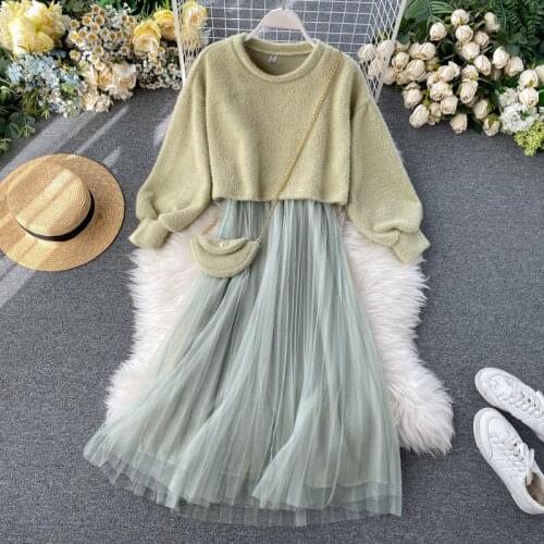 Women Korean Sets Dress New 2021 Spring Fall Sweet Lantern Sleeved Sweater Mesh Dresses Ladies Fashion Knitted Long Robe s171