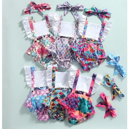0-18M Summer Newborn Toddler Infant Baby Girls Mermaid print Ruffle Romper Jumpsuit Headband Clothes Outfits