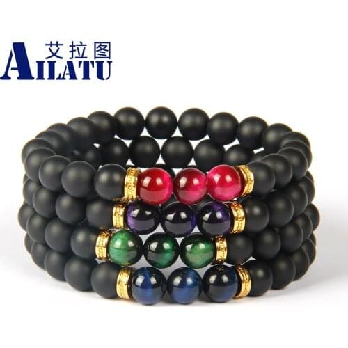 Ailatu Wholesale 8mm Top Quality 8mm Black Matte Onyx Stone with Tiger Eye Beads Lovers Distance Bracelet
