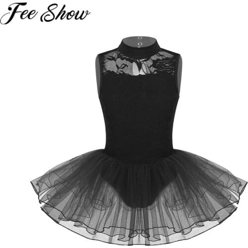 FEESHOW Girls Ballet Dance Tutu Dress Kids Gymnastics Stge Performance Leotard Mesh Floral Lace Keyhole Back Fashion Dancewear