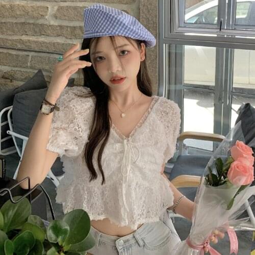 Blouse French Drawstring Lace V-neck Short-sleeved Shirt Female Design Sense Niche Summer New Top