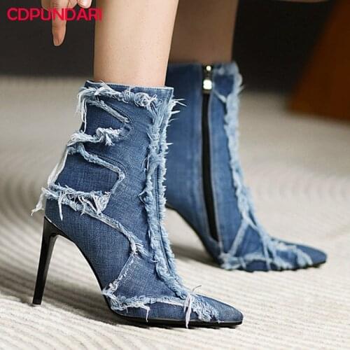Denim Fringe Sexy Stilett Super High Heels Ankle Boots For Women Autumn Winter Short Boots Party Shoes Big Size Bottines Femme