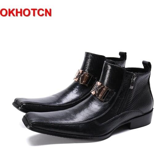 Square Toe Cow Leather Boots For Men Zipper Punk Shoes Men Spring Autumn Ankle Boots Metal Hoop Black Winter Shoes Chelsea New