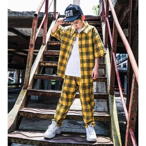 Children Street Dance Clothing 2 Piece Sets Letter Printed Half Sleeve Plaid Shirts+Plaid Straight Pant Boys Outfits 4-15T