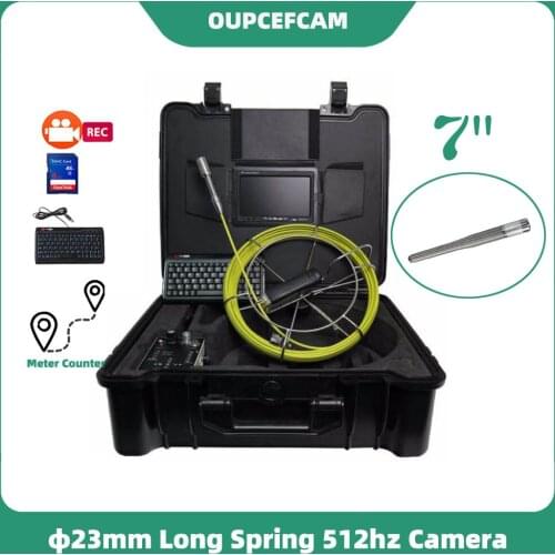 Φ23mm Long Spring Camera 512hz Transmitter Drain Sewer Pipe Inspection Endoscope 7" Screen DVR Keyboard Meter Counter 5mm Cable