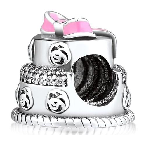 Fandola CKK 925 Sterling Silver Birhday Cake Charms,Pink Enamel Fits Pandora Bracelet Charms Jewelry Making Celebration Gifts